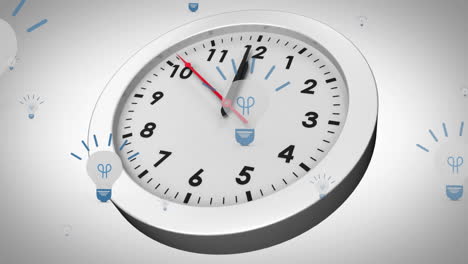 animación de iconos de bombillas sobre el reloj contra un fondo de gradiente