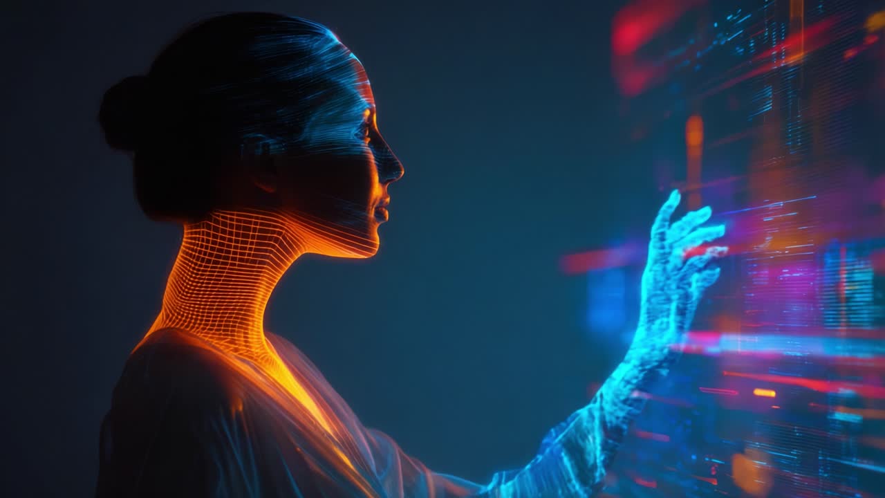 A woman interacting with a futuristic digital interface, showcasing the integration of technology and human experience through colorful holographic representations and data visualization