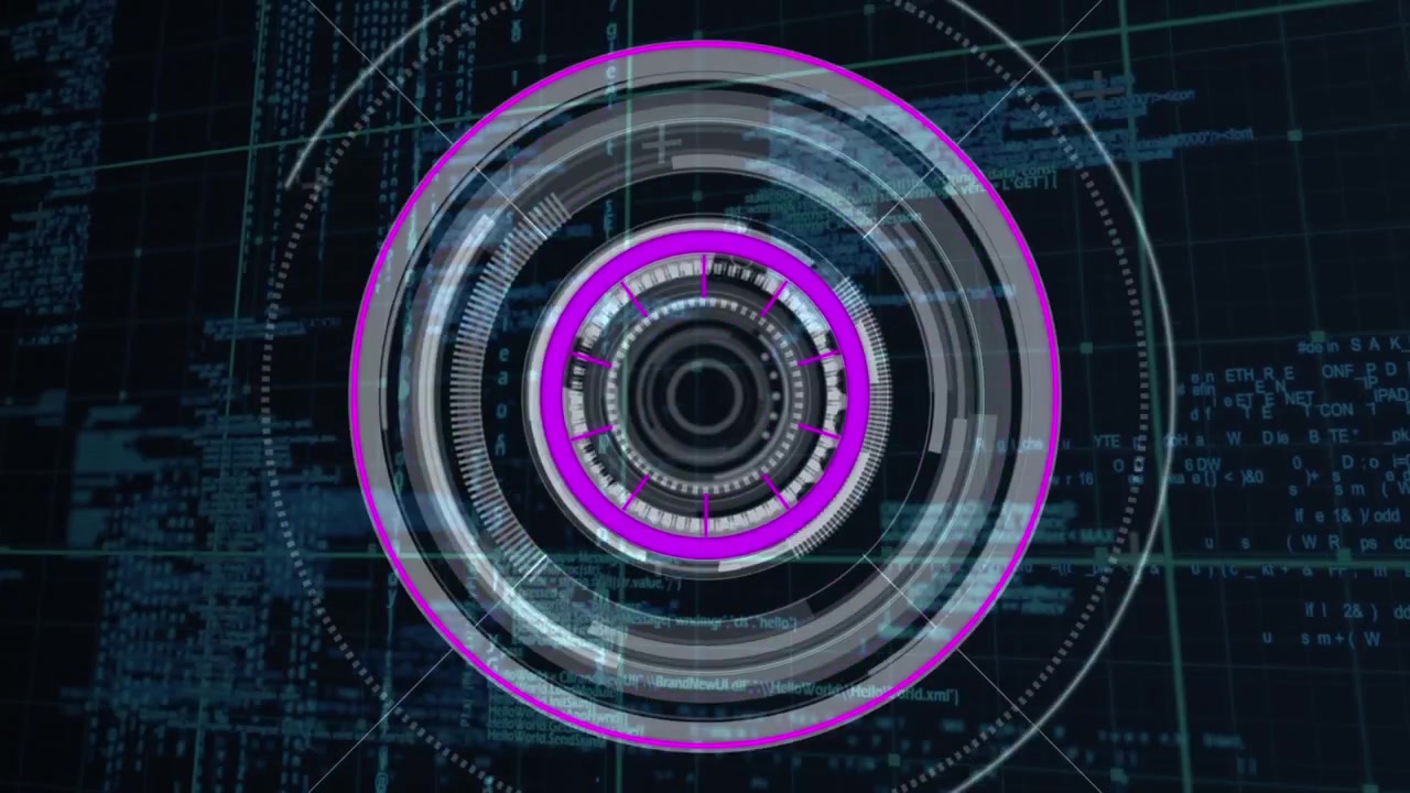 Animation of scope scanning and data processing over purple background