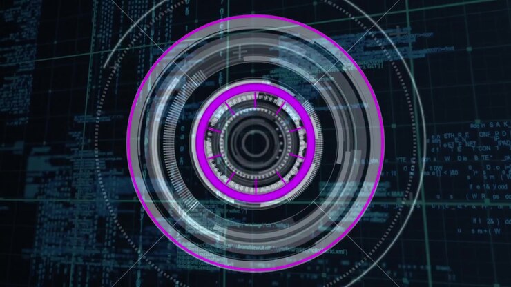 Animation of scope scanning and data processing over purple background
