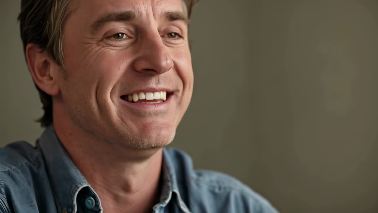 Uomo sorridente che indossa una camicia di jeans, risponde a una domanda fuori campo, seduto su una sedia in una stanza accogliente.