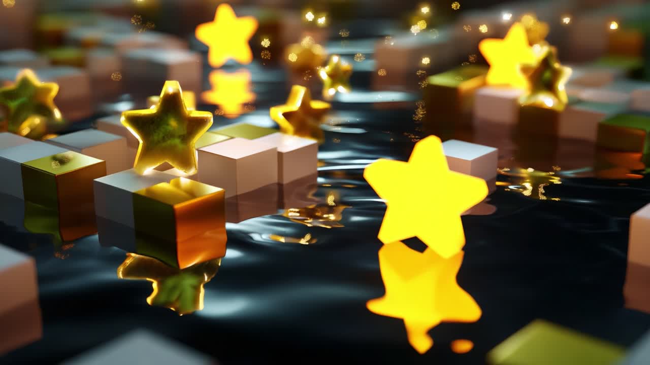 A mesmerizing underwater scene showcasing vibrant stars and shimmering blocks that float gracefully on the reflective surface of water, creating a magical atmosphere filled with enchanting lighting effects