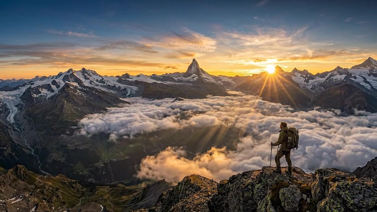 Escursionista in piedi sulla cima di una montagna che domina le nuvole al tramonto