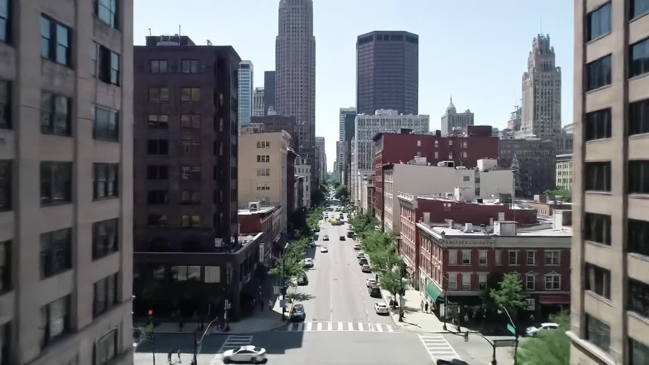 Aerial View of a Bustling Urban Landscape with Skyscrapers, Traffic, and Vibrant City Life in a Modern Metropolis Under Bright Blue Skies