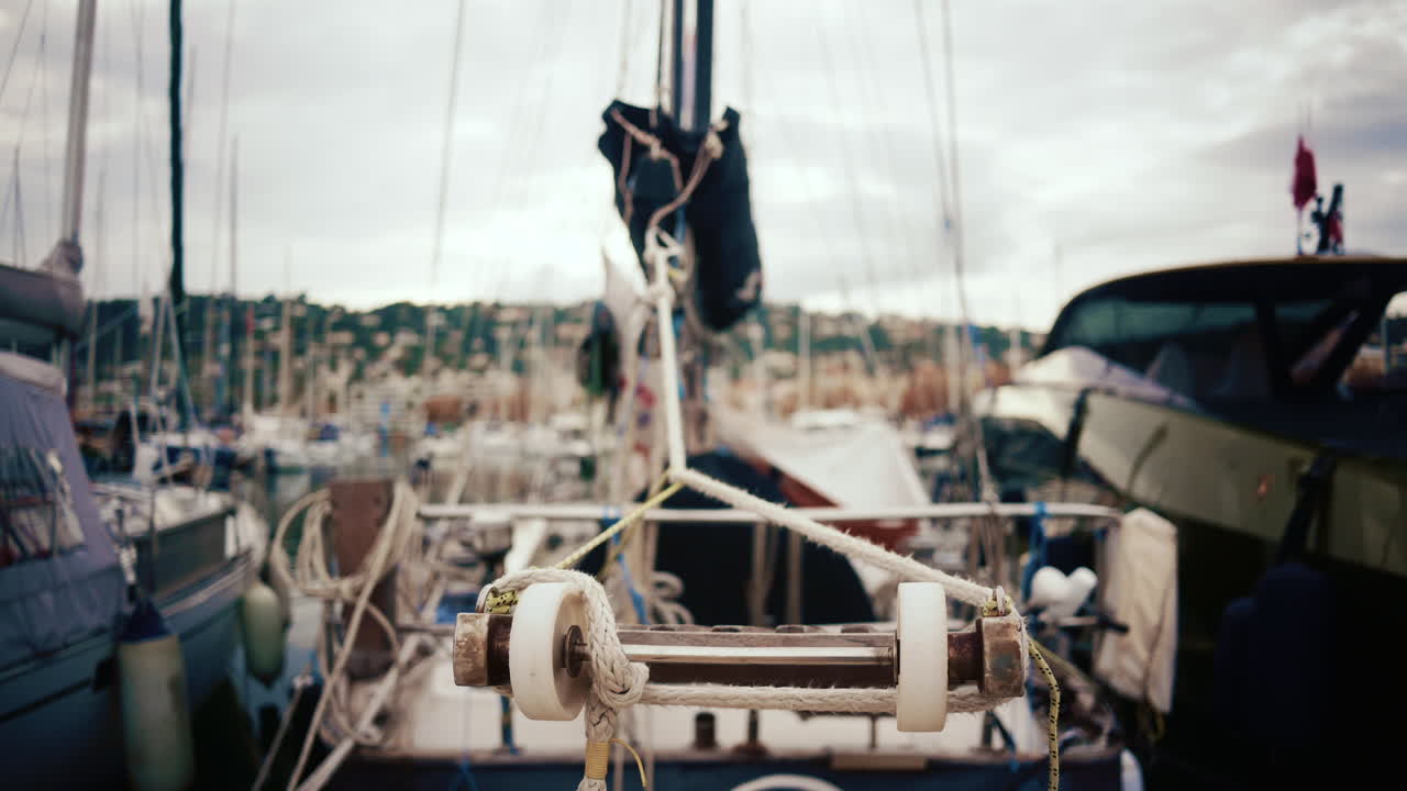 Close up of sailboat rigging and ropes in a marina in the South of France