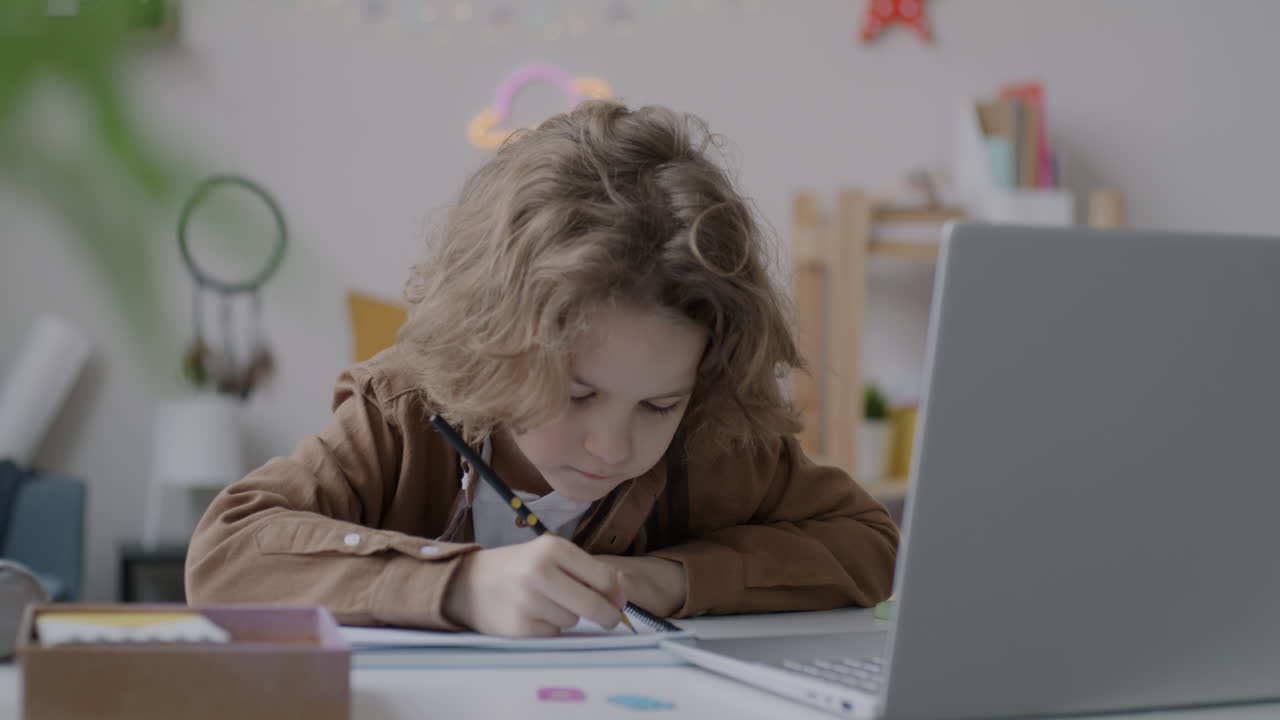 Boy Doing Homework at Laptop