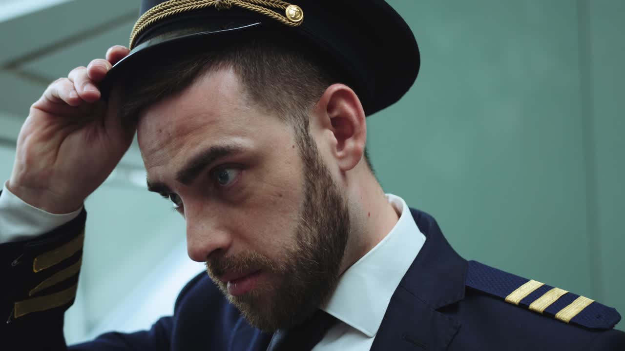 vista de cerca del estricto hombre barbudo de ojos azules en uniforme de piloto en el pasillo del aeropuerto. ponerse una gorra en la cabeza y sonriendo. toma cinematográfica en la cámara roja.