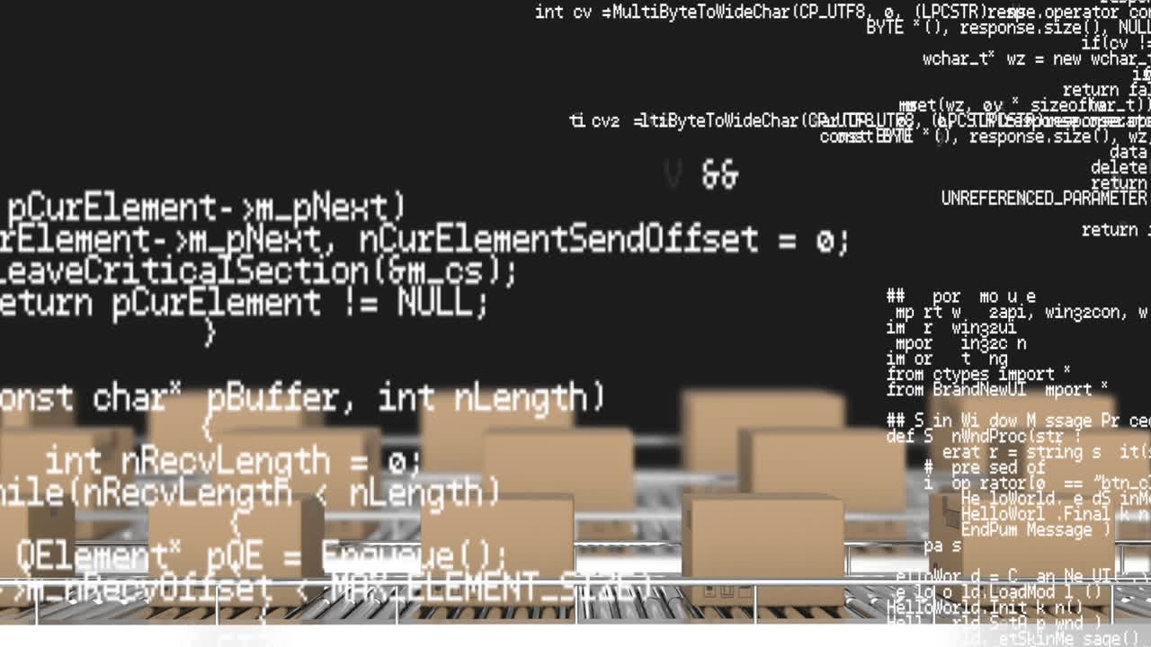Animation of data processing over cardboard boxes on conveyor belts