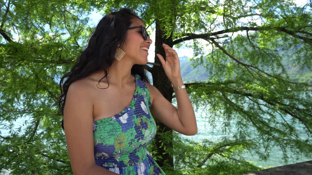 Happy Woman Appreciating Views At Lake Como In Lombardy, Italy - Close Up