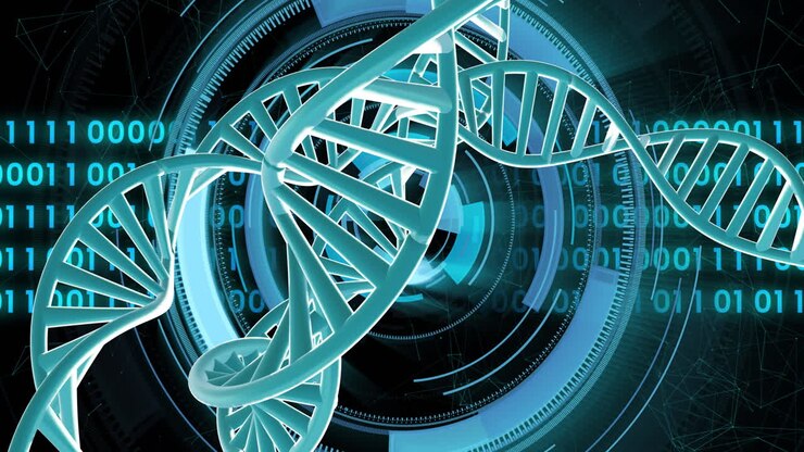 Animation of dna strands spinning with binary coding data processing over black background
