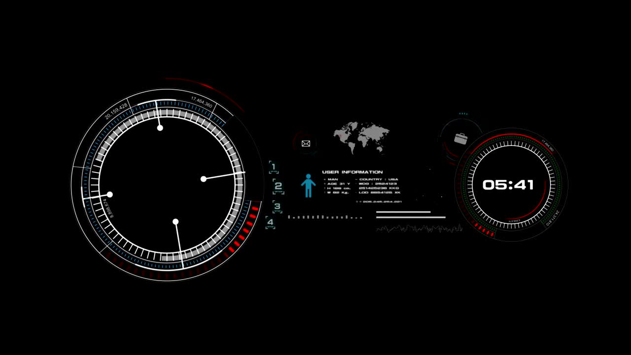 hud 헤드업 디스플레이 인터페이스의 4k 애니메이션, 아이콘 그래프 로딩 바 요소, 미래의 사이버 기술 개념