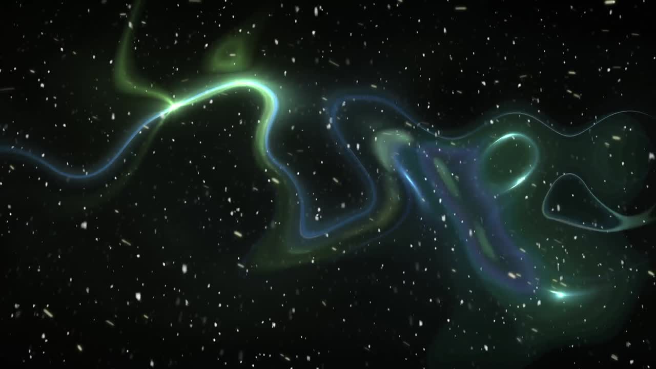 검은 바탕 위에서 흐르는 반 ⁇ 이는 빛의 파도 위에 떨어지는 눈의 디지털 애니메이션