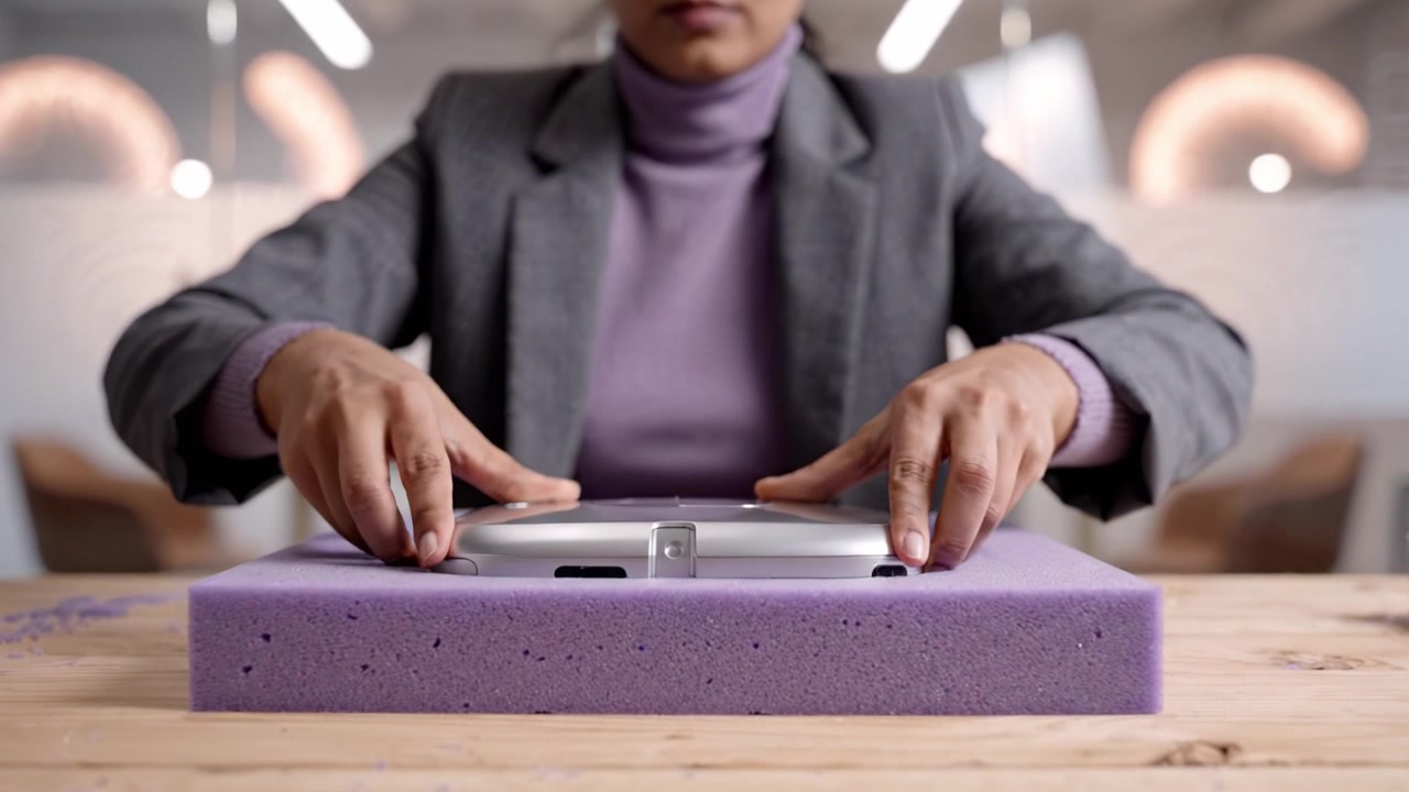 A focused individual carefully examines a sleek device placed on purple foam padding, highlighting attention to detail and innovation in technology design.