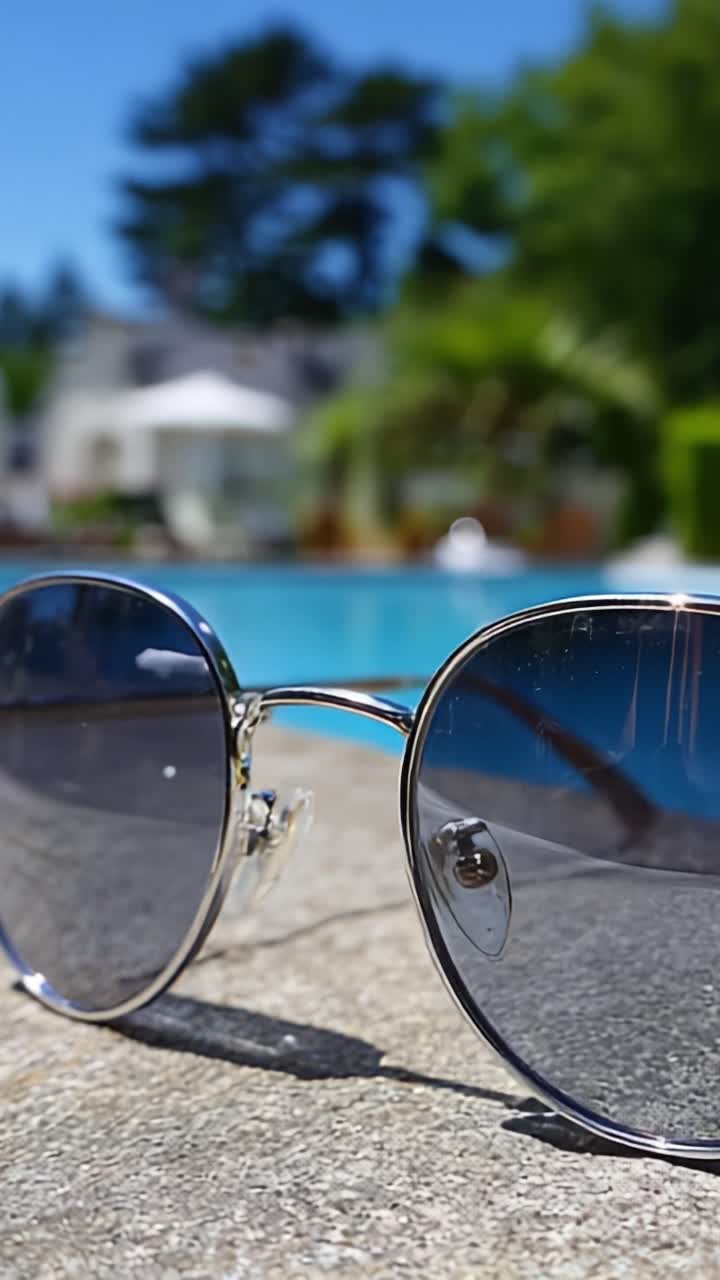 A Tranquil Summer Scene Featuring Stylish Sunglasses on a Sunlit Surface Overlooking a Reflective Pool Surrounded by Lush Greenery in a Serene Setting