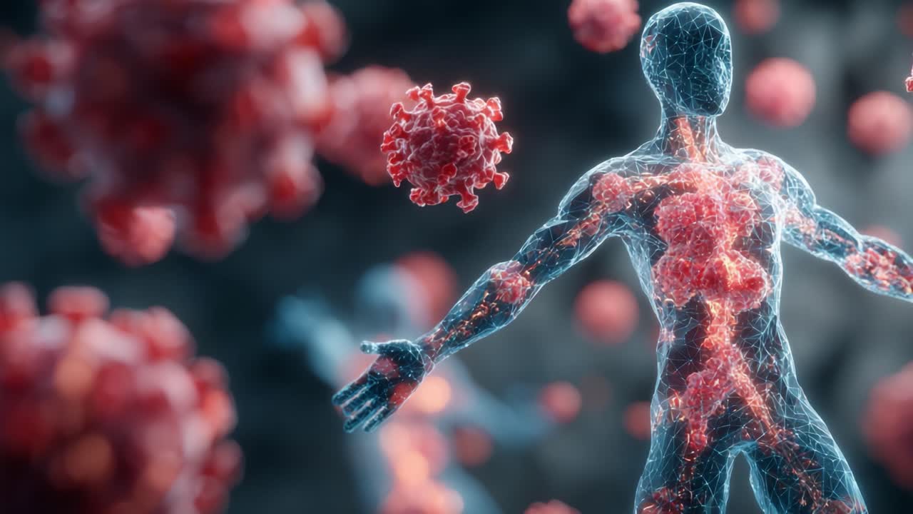 Illustrazione del Corpo Umano in un Rendering Digitale, Che Mostra i Processi Cellulari e l'Interazione con Particelle Virali in un Ambiente Astratto.