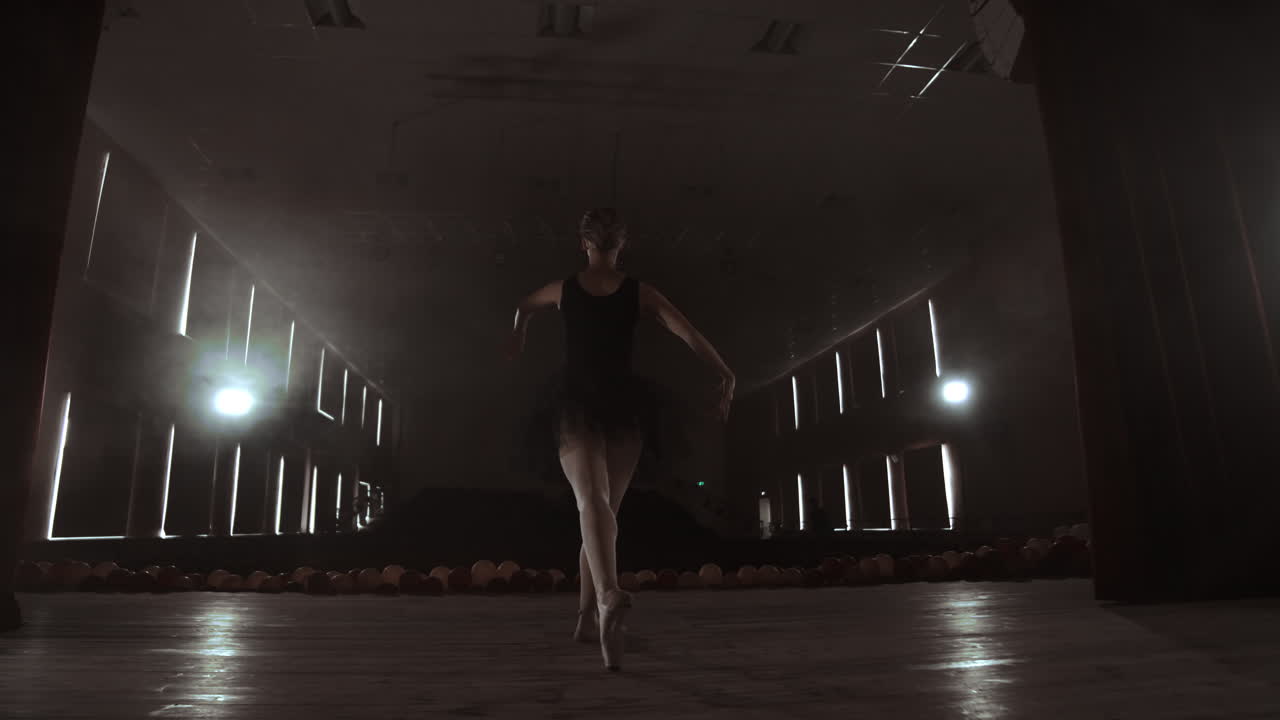 초등 발레 극장 무대에서 연기 속에서 공연을 연습하고 있습니다.