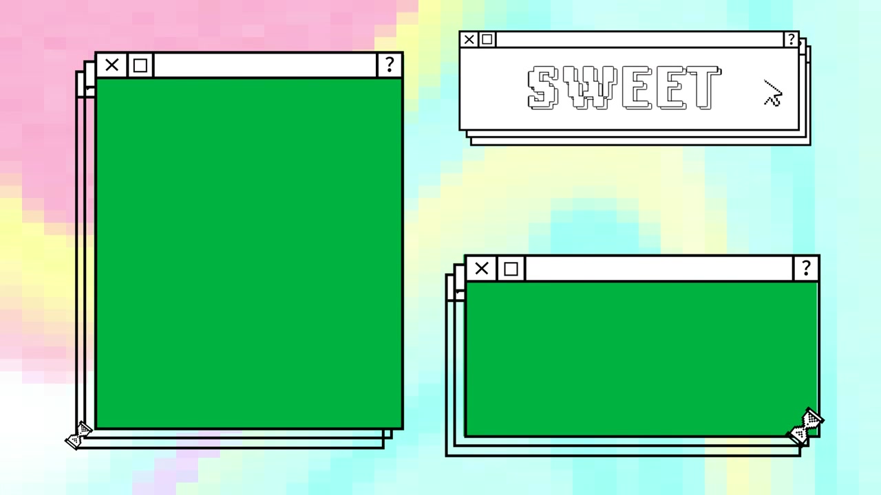 Animation of computer screen windows and sweet text on colorful background