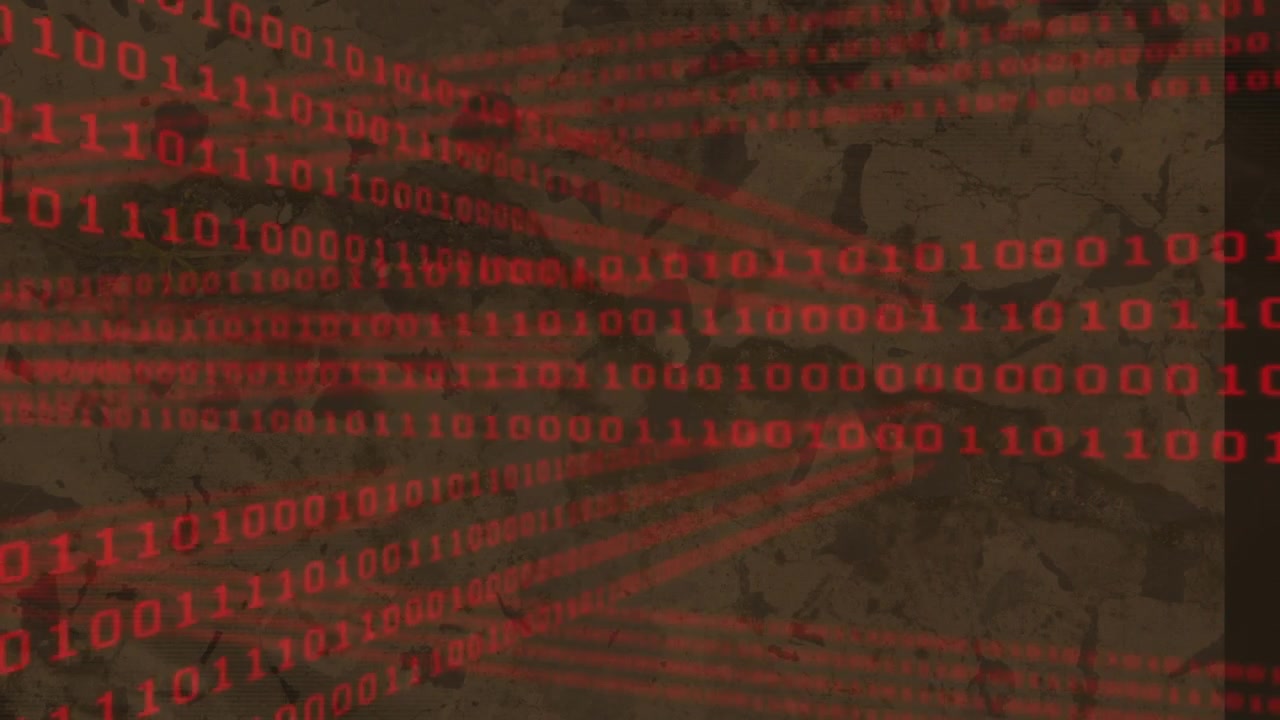 Red Binary Code Streaming Across a Textured Digital Background