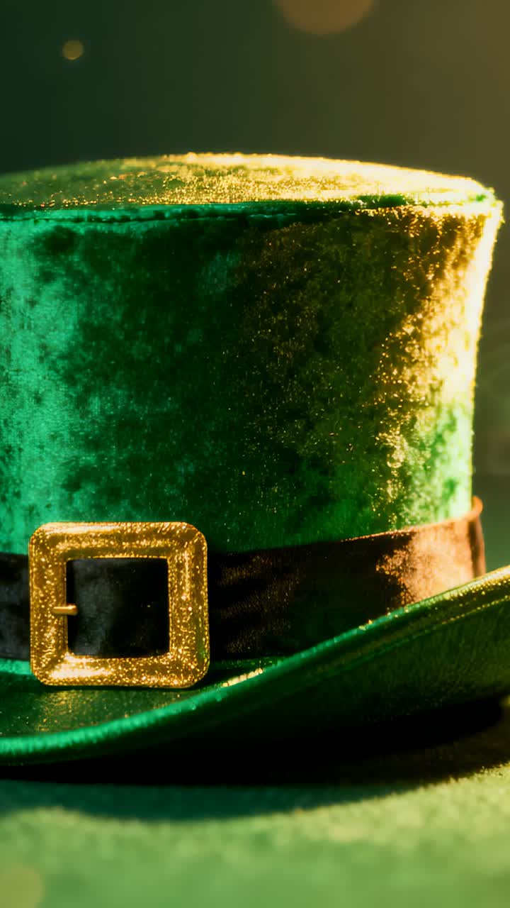 Vertical video: Moving camera revealing green velvet top hat on studio set, showing buckle and pile