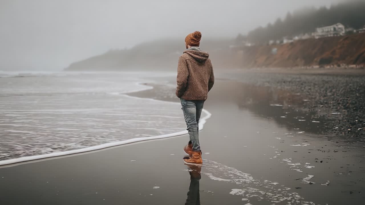 Contemplative Stroll Along a Foggy Beach: A Man in a Cozy Sweater and Beanie Relishes the Serene Beauty of the Ocean's Edge on a Misty Day