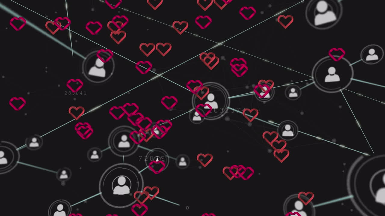 animación de corazones rojos y red de conexiones con iconos de personas