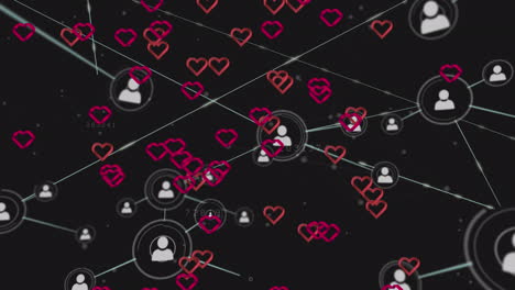 animación de corazones rojos y red de conexiones con iconos de personas