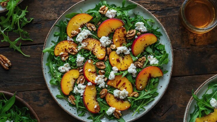 gegrillter pfirsichsalat mit ziegenkäse und pecanfrüchten
