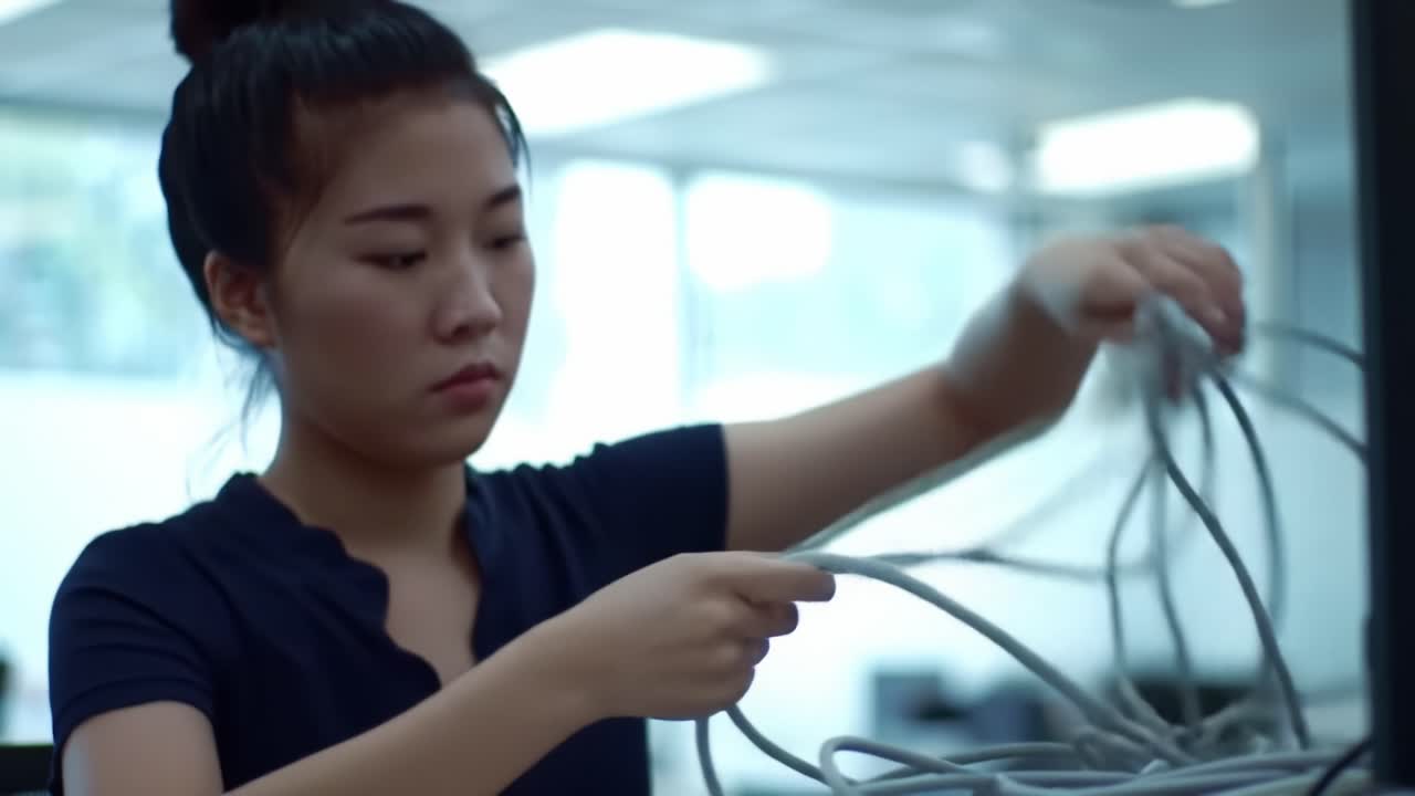 Focused Young Woman Methodically Organizing Electrical Cables in a Bright Indoor Environment, Displaying Attention to Detail and Diligence in Task Execution