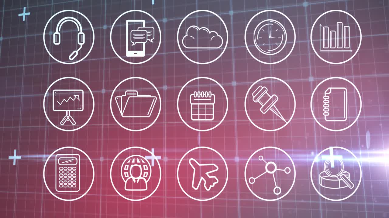 Animation of multiple digital icons over grid