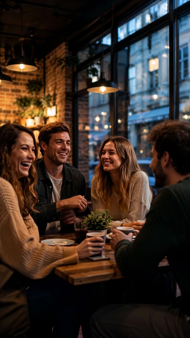 Quatro jovens adultos sentam-se em uma mesa de madeira em um café calorosamente iluminado, sorrindo e conversando com xícaras de café perto de grandes janelas e luzes penduradas ao fundo.