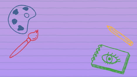 animation of education icons on purple ruled paper with copy space