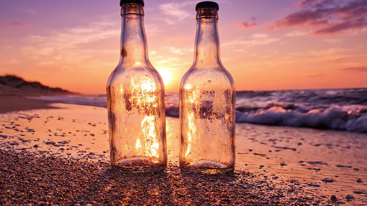 Due Bottiglie di Vetro che Riflettono la Luce Dorata del Sole su una Spiaggia Serena al Tramonto - Catturando la Bellezza della Natura e l'Influenza Umana