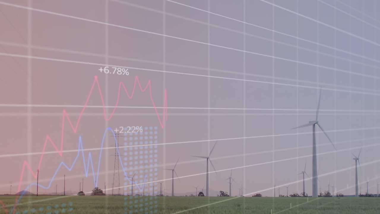 회색 하늘을 배경으로 초원에서 회전하는 풍차 위에서 통계 데이터 처리의 애니메이션