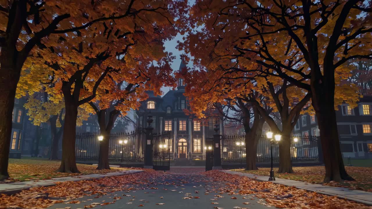 A cinematic video still of a grand mansion framed by autumn trees