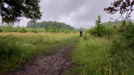 a man walking with an umbrella in rain through lush green grass on a trail in the uk