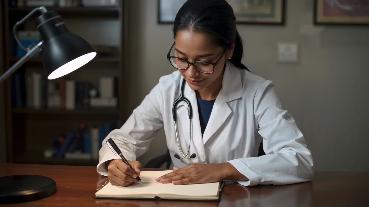 Writing doctor in lab coat noting patient notes after consultation in clinic, with stethoscope