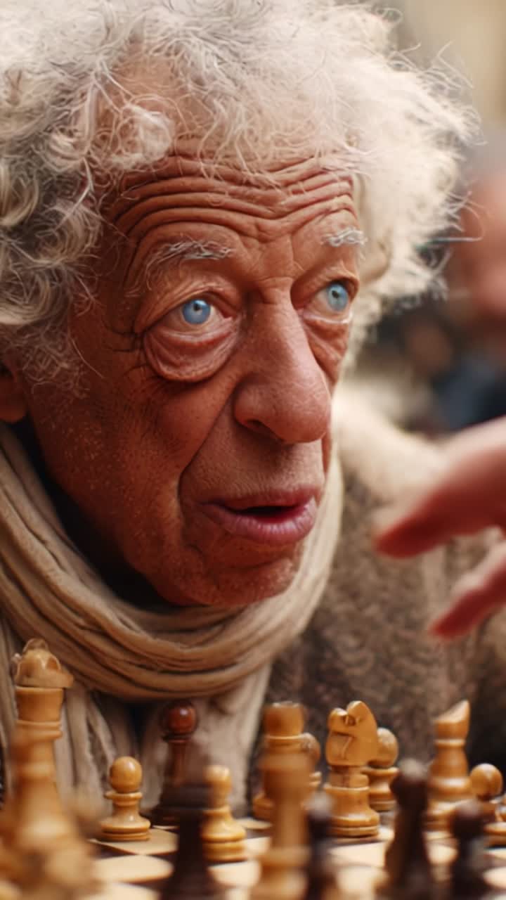 An Intense Chess Match: A Focused Player Contemplates His Next Move with Concentration and Skill in a Beautiful Outdoor Setting