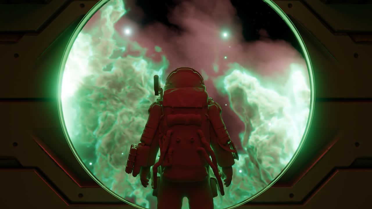 Astronaut observing green nebula from spaceship window