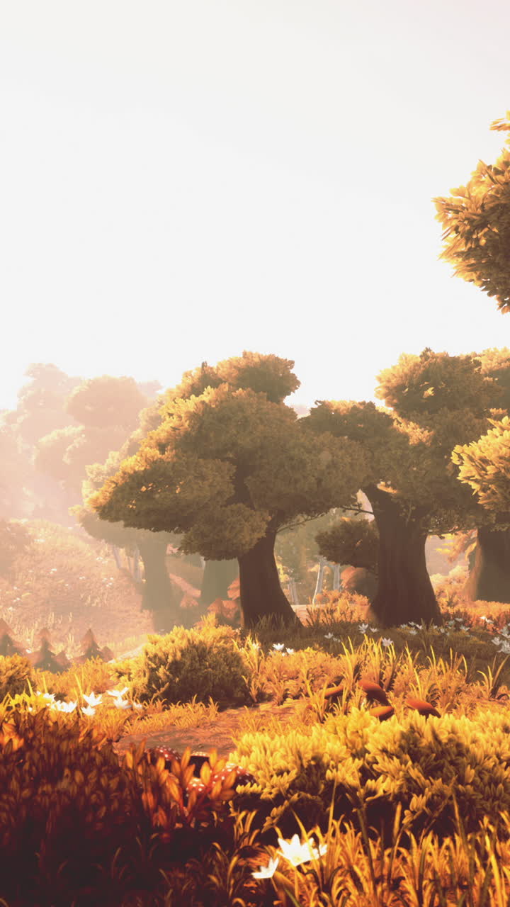 일몰 에 푸른 숲 이 꽃피고 있는 만화