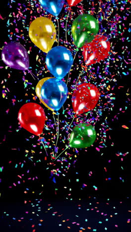 colorful balloons and confetti on black background