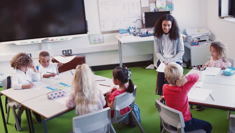 Smiling-female-infant-school-teacher-sitting-in-front-of-class-talking-to-school-kids,-elevated-view