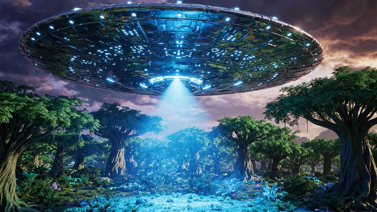 A Mysterious UFO Descends in an Enchanted Forest, Illuminating the Surrounding Flora with Vibrant Light and Adding an Air of Intrigue and Wonder to the Landscape