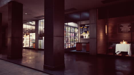 rainy night city street scene: exterior of a modern restaurant and shop