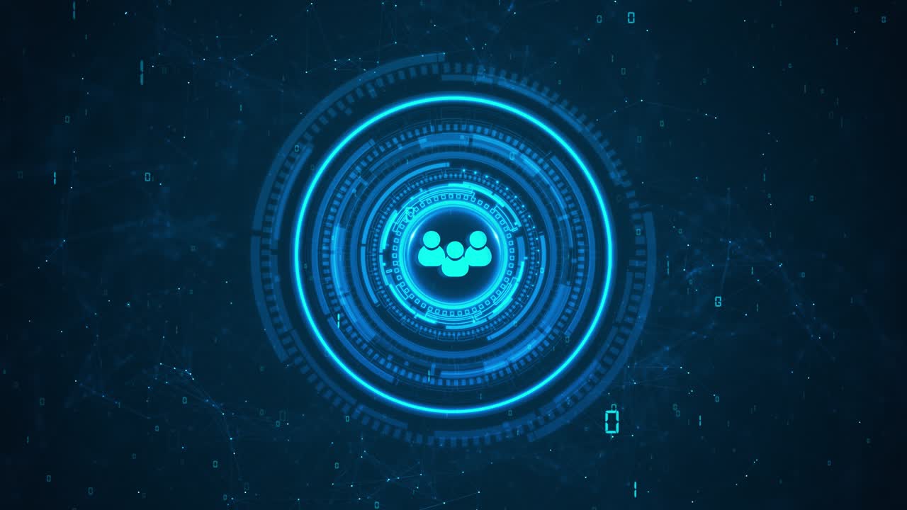 Futuristic hud animation showing digital plexus glowing circular interface containing team icon
