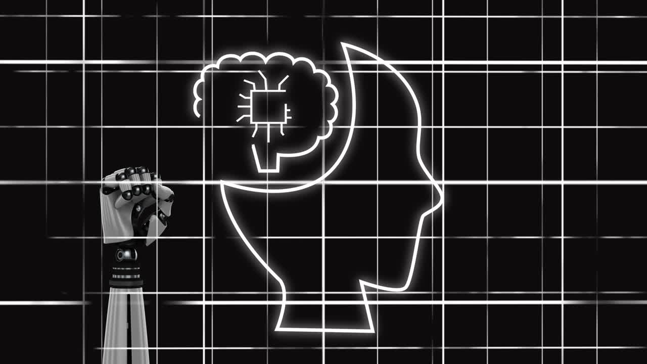 로 ⁇ 의 팔과 어두운 배경 위의 ai 데이터 처리 애니메이션