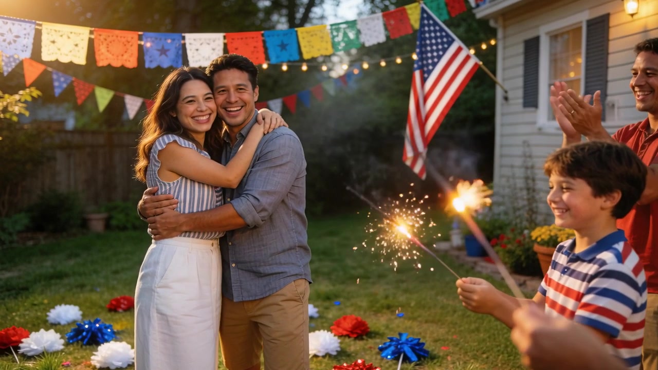 Casal se abraçando, vestindo roupas casuais, trocando olhares no quintal, com estrelinhas (sparklers) brilhando por perto e uma bandeira americana.