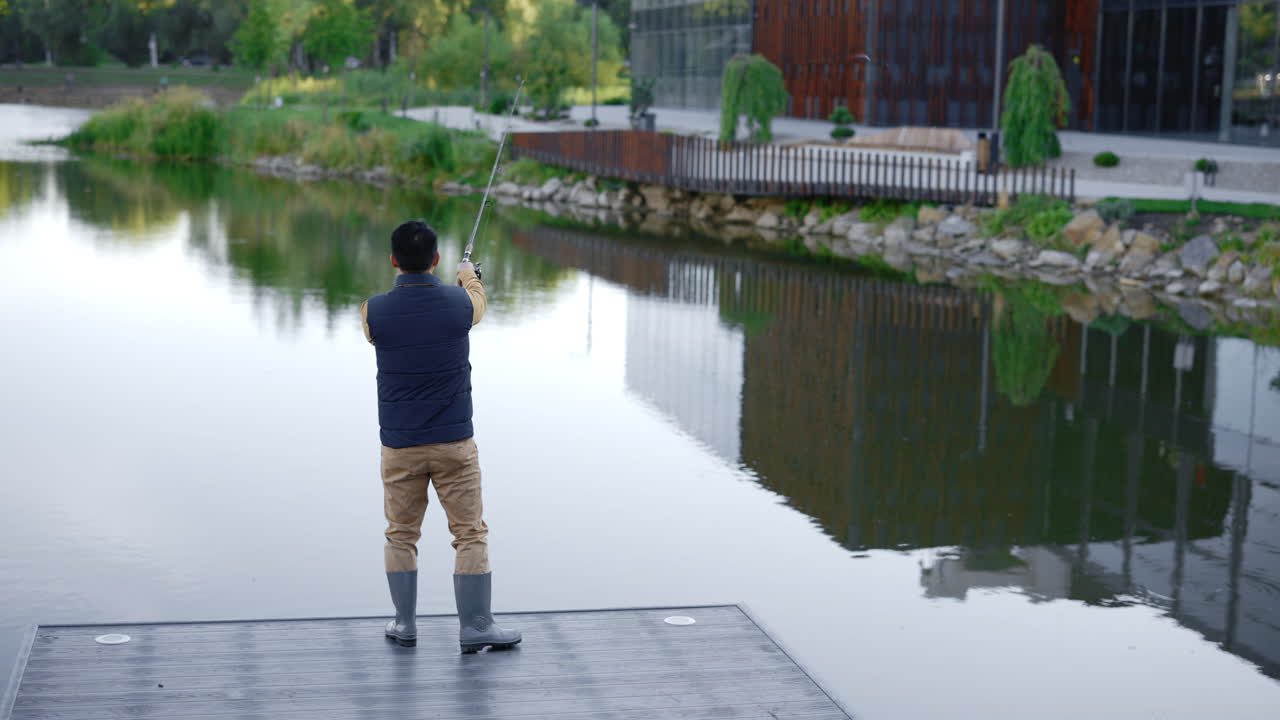 Man Fishing in a Park Lake