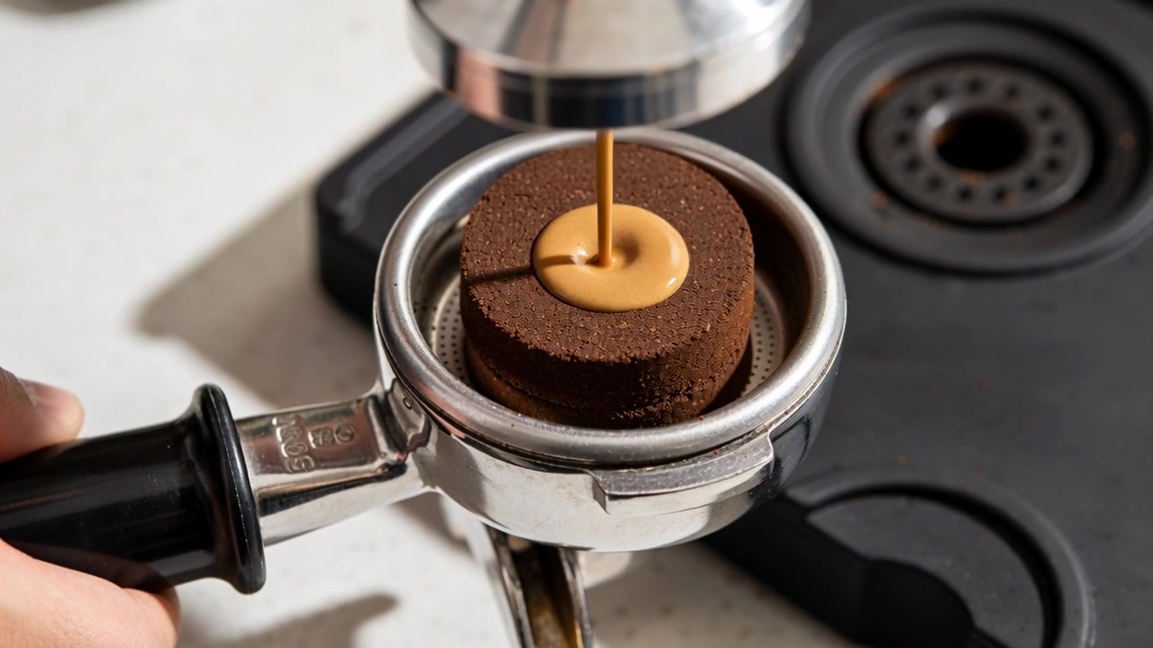 Hænder placerer en presset kaffepuck og stamper den med en stamper i portafilteret ved disken, klar til brygning.
