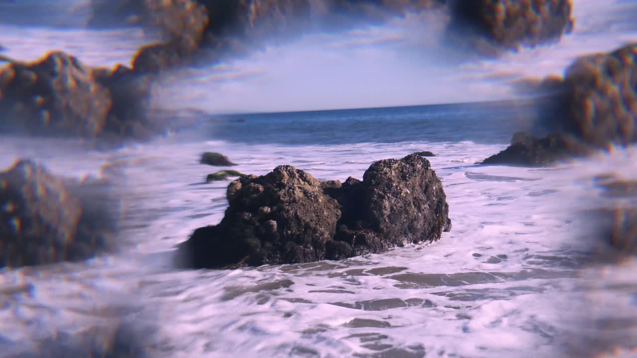 Ocean waves crash fragmented by a complex crystal.