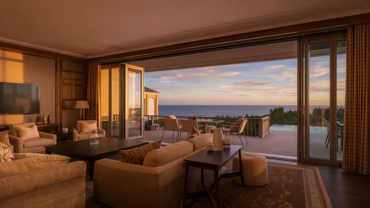 Shifting sunlight warming living room seating area at seaside terrace, highlighting sofas and pool